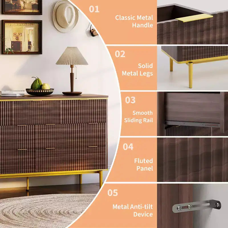 Cómoda de 7 cajones acanalada de roble, almacenamiento para dormitorio de 2 personas
