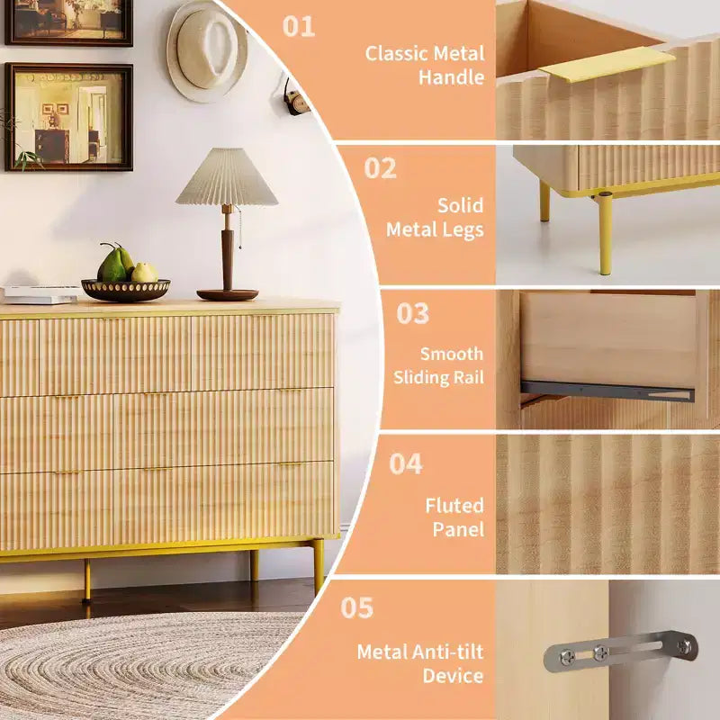 Cómoda de 7 cajones acanalada de roble, almacenamiento para dormitorio de 2 personas