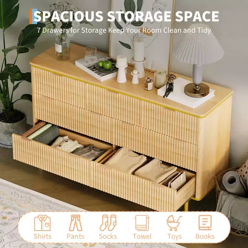 Cómoda de 7 cajones acanalada de roble, almacenamiento para dormitorio de 2 personas