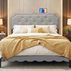 Cabecero tapizado capitoné beige/gris con estación de carga, tamaño matrimonial/queen