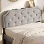Cabecero tapizado capitoné beige/gris con estación de carga, tamaño matrimonial/queen