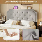 Cabecero tapizado capitoné beige/gris con estación de carga, tamaño matrimonial/queen