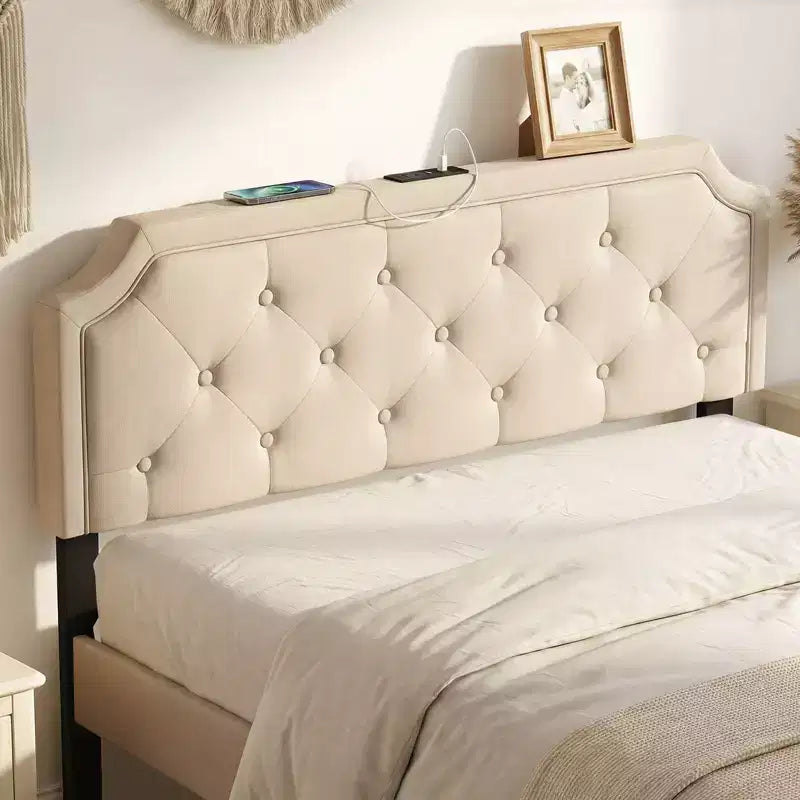 Cabecero tapizado capitoné beige/gris con estación de carga, tamaño matrimonial/queen