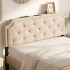 Cabecero tapizado capitoné beige/gris con estación de carga, tamaño matrimonial/queen
