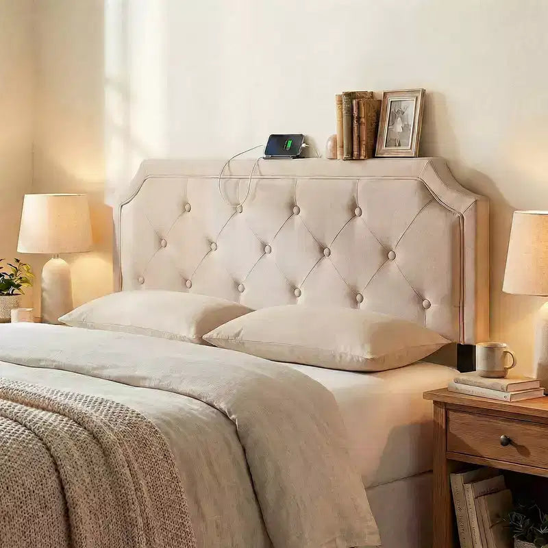 Costway Headboard for Queen & Full Size Bed,Tufted/Geometric/Rivet Tufted Upholstered Head Board with 2 AC Outlets Beige/Gray