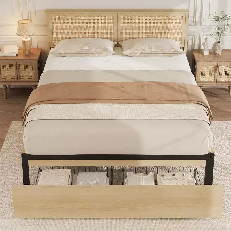 Rattan Bed Frame with Rattan Headboard, 2 Drawers, Boho Storage Bed Frame, No Box Spring Needed, Noise Free