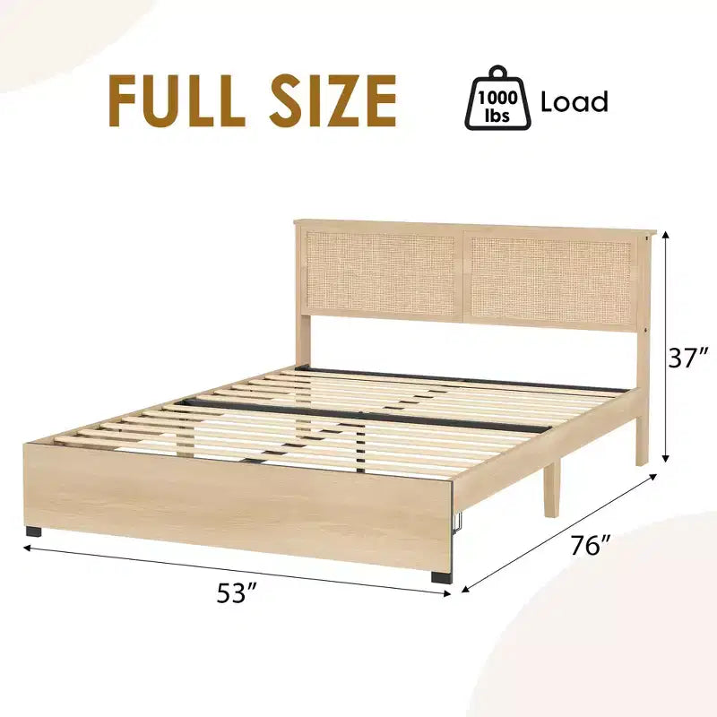 Cama de plataforma bohemia de ratán natural con 2 cajones, tamaño Full, para 2 personas