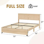 Cama de plataforma bohemia de ratán natural con 2 cajones, tamaño Full, para 2 personas