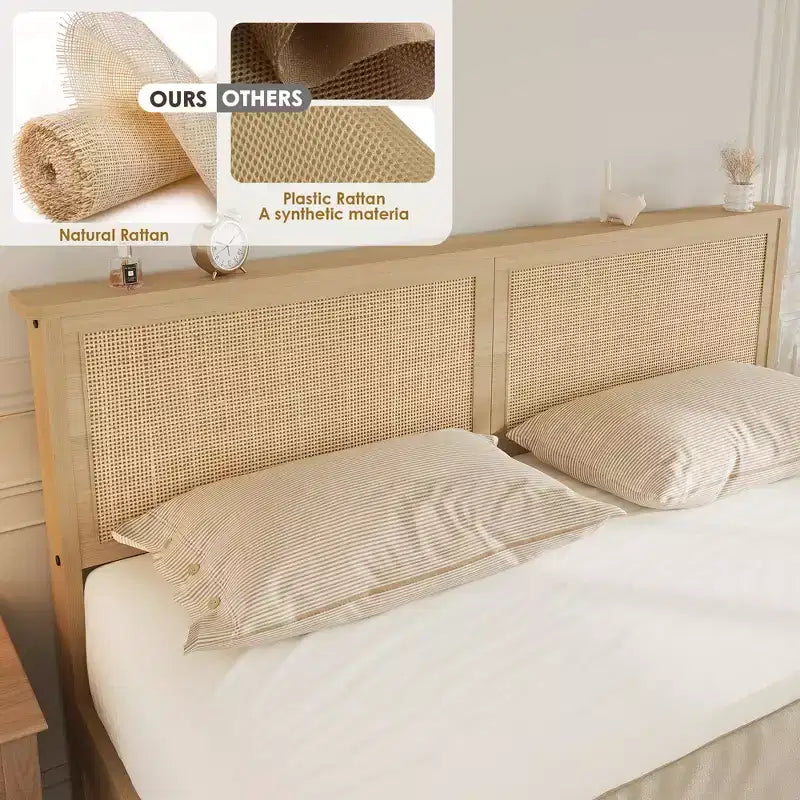 Cama de plataforma bohemia de ratán natural con 2 cajones, tamaño Full, para 2 personas