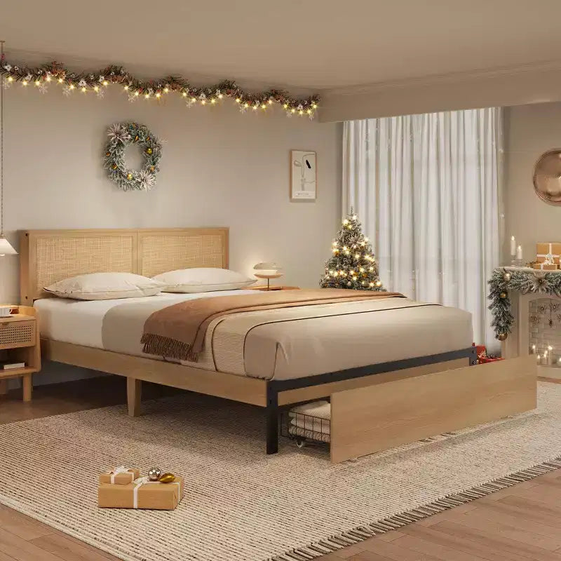 Cama de plataforma bohemia de ratán natural con 2 cajones, tamaño Full, para 2 personas
