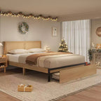 Cama de plataforma bohemia de ratán natural con 2 cajones, tamaño Full, para 2 personas