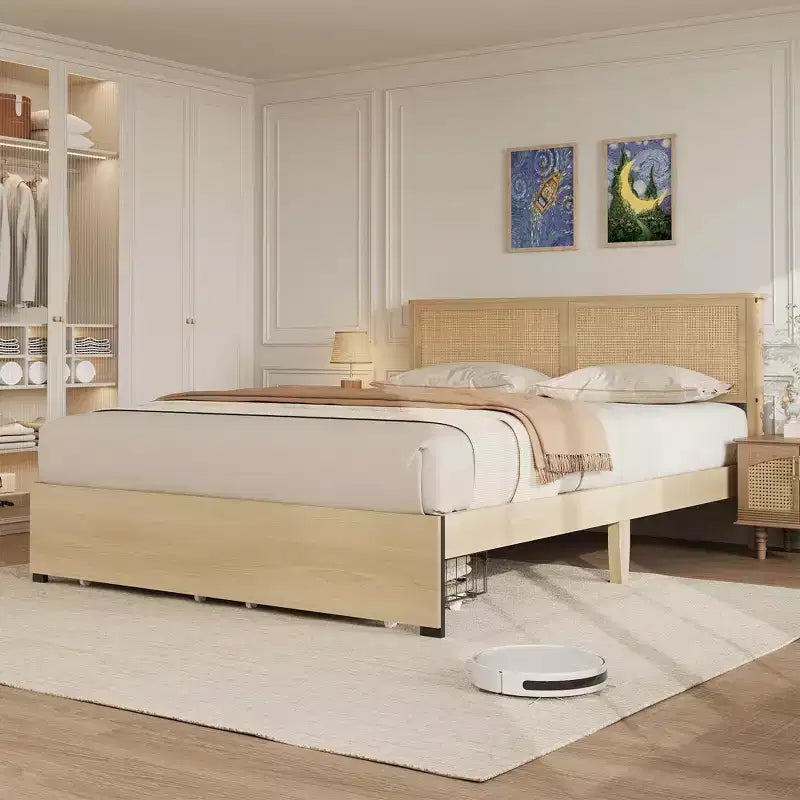 Cama de plataforma bohemia de ratán natural con 2 cajones, tamaño Full, para 2 personas