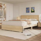 Cama de plataforma bohemia de ratán natural con 2 cajones, tamaño Full, para 2 personas