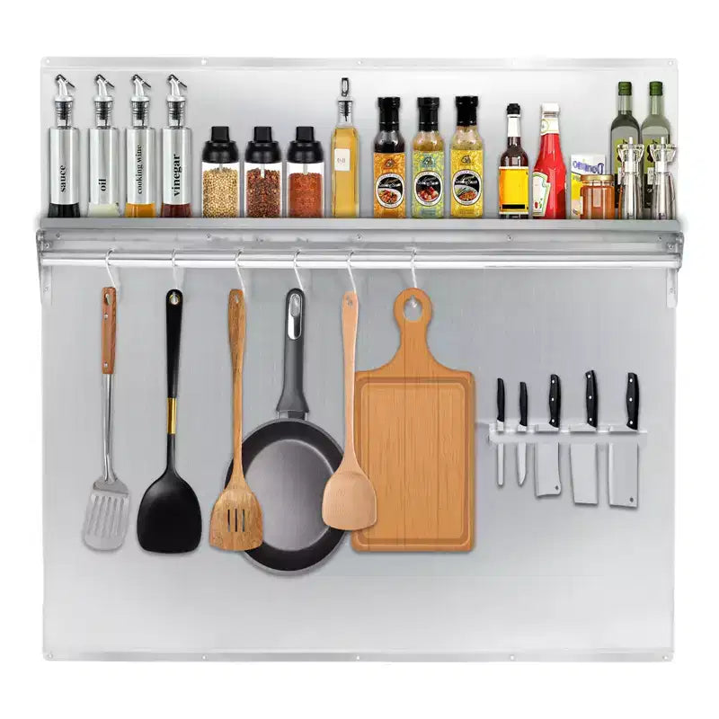 Stainless Steel Kitchen Backsplash with Shelf & Knife Rack, Heat & Grease Resistant, Easy Clean, Pre-Drilled for Quick Install,Durable Wall Organizer