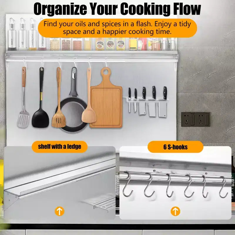 Salpicadero de cocina de acero inoxidable cepillado con estante y soporte para cuchillos – Varios tamaños