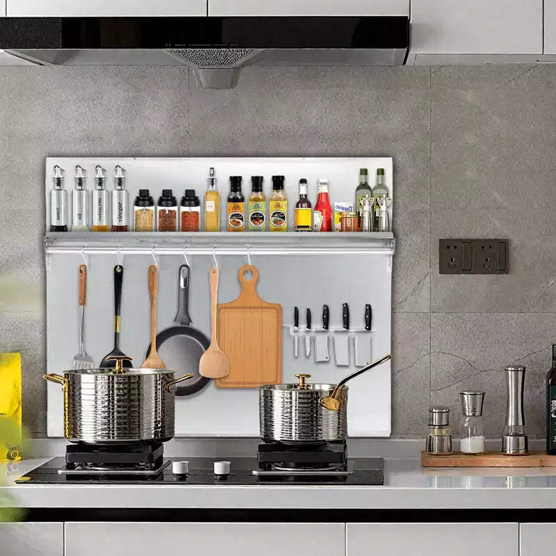 Salpicadero de cocina de acero inoxidable cepillado con estante y soporte para cuchillos – Varios tamaños