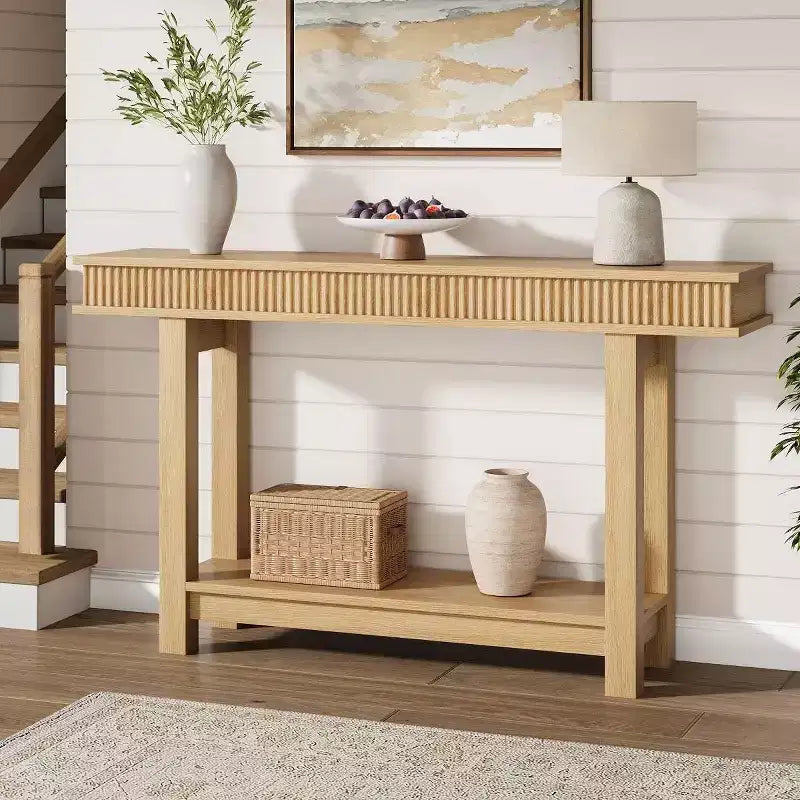 Mesa de consola estrecha de 2 niveles con estante de almacenamiento, color marrón/natural