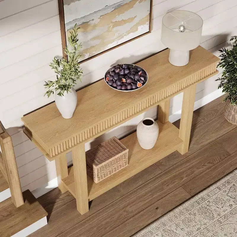 Mesa de consola estrecha de 2 niveles con estante de almacenamiento, color marrón/natural