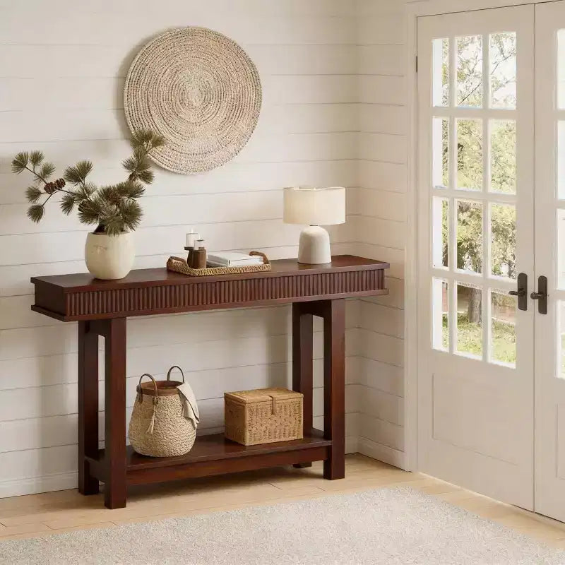 Narrow Two Tier Farmhouse Console Table with Storage Shelf, Perfect Dining Room Table for Entryway, Hallway & Behind Sofa