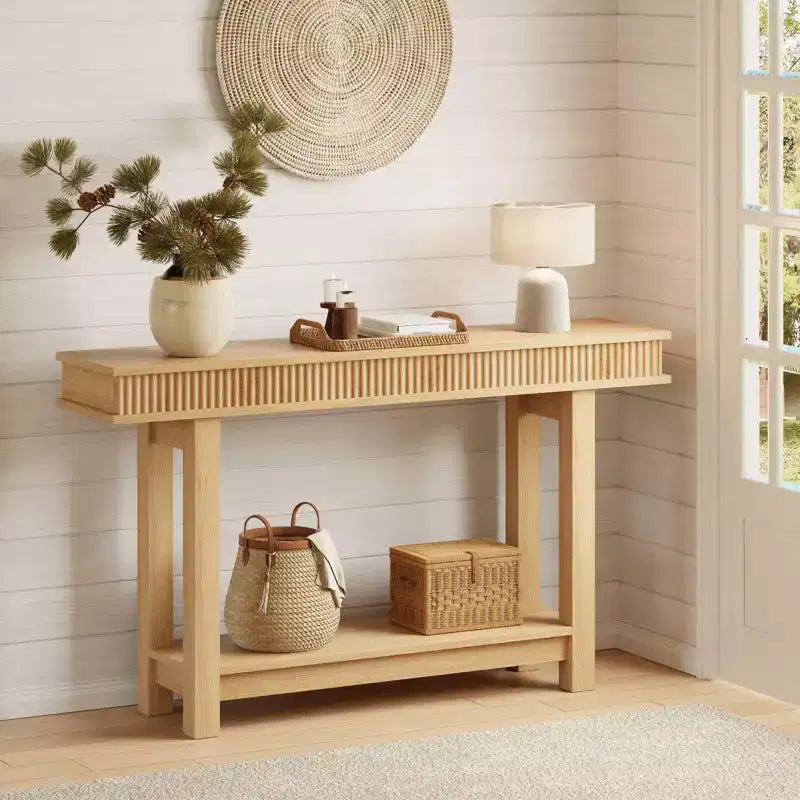 Mesa de consola estrecha de 2 niveles con estante de almacenamiento, color marrón/natural