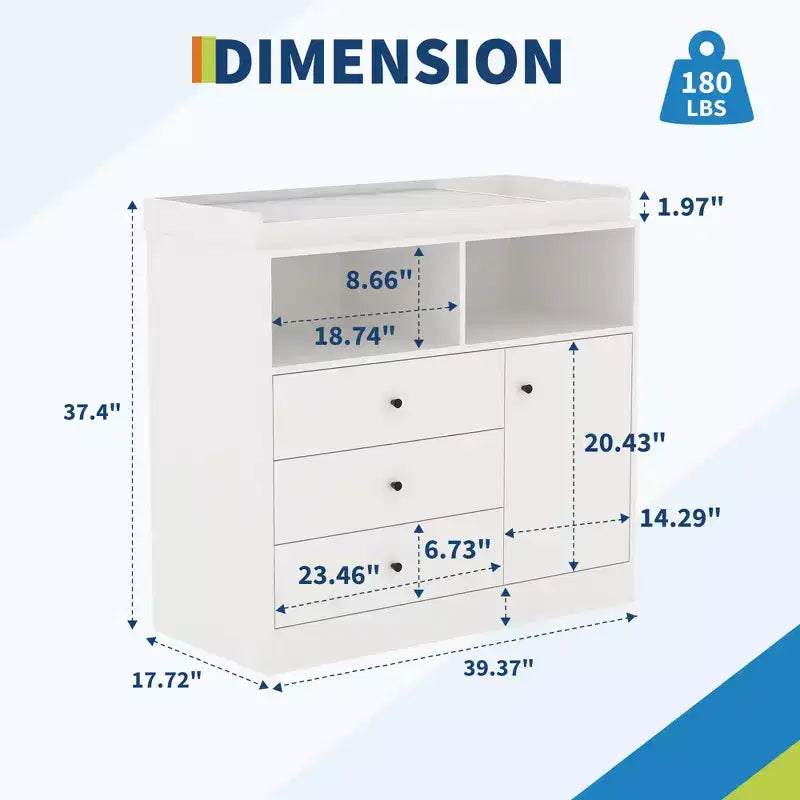 Cambiador para bebé blanco y negro con 3 cajones, armario y 2 estantes, parte superior desmontable, para 1 niño