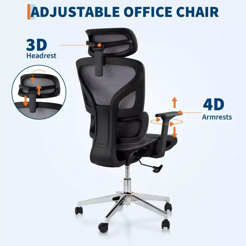 Silla de oficina ergonómica de malla negra/gris con respaldo alto para 1 — Apoyabrazos 4D, reposacabezas, soporte lumbar