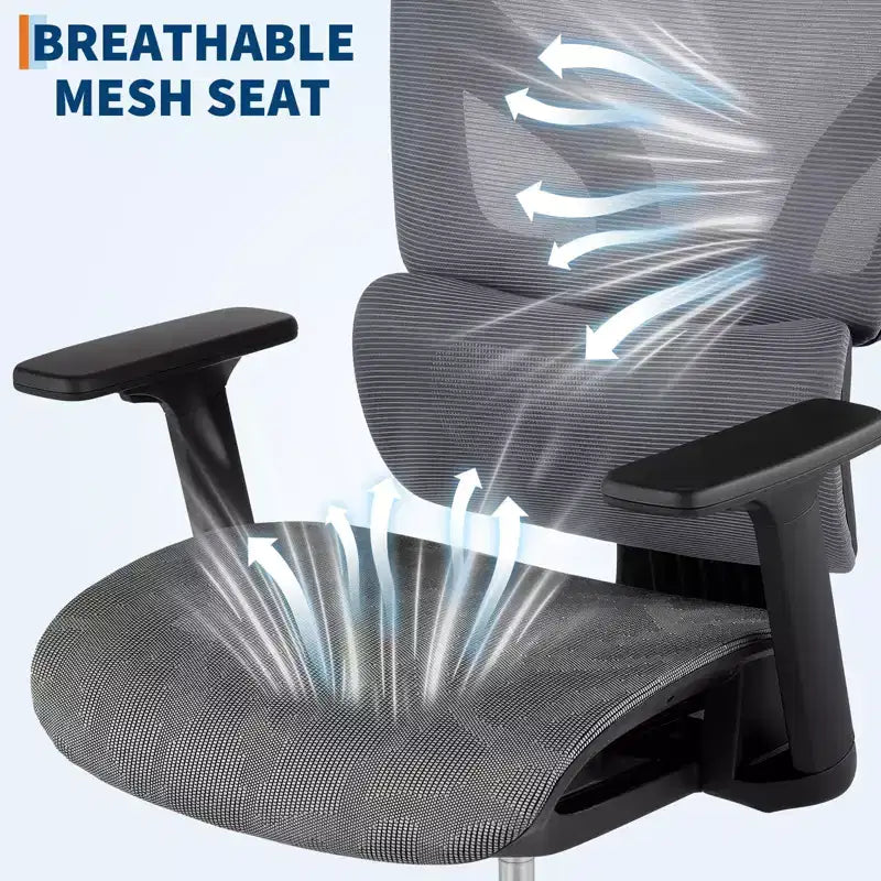 Silla de oficina ergonómica de malla negra/gris con respaldo alto para 1 — Apoyabrazos 4D, reposacabezas, soporte lumbar