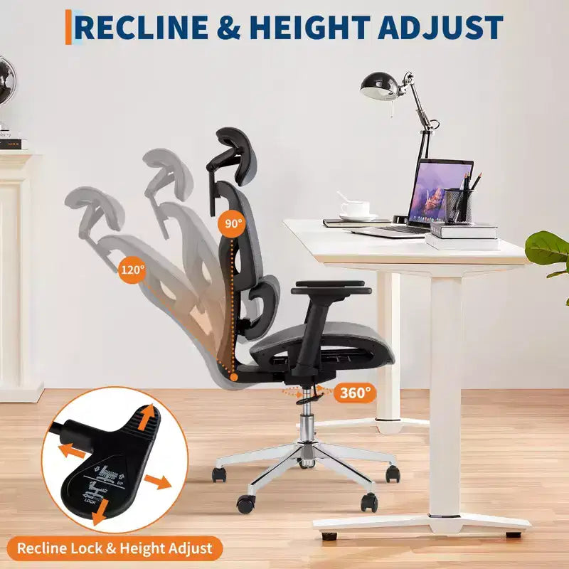 Silla de oficina ergonómica de malla negra/gris con respaldo alto para 1 — Apoyabrazos 4D, reposacabezas, soporte lumbar