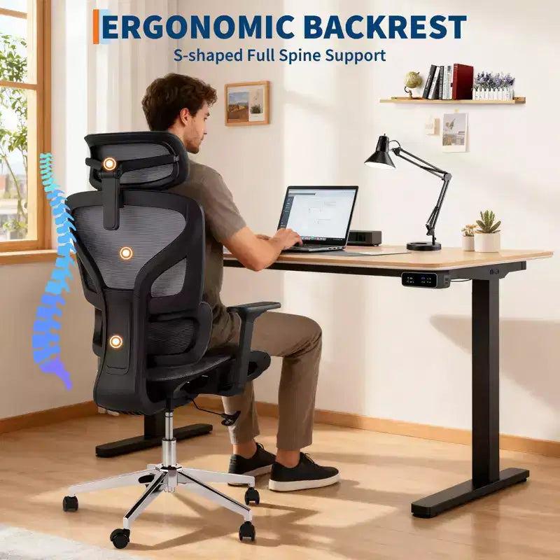 Silla de oficina ergonómica de malla negra/gris con respaldo alto para 1 — Apoyabrazos 4D, reposacabezas, soporte lumbar