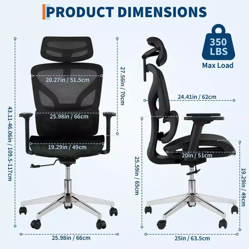 Silla de oficina ergonómica de malla negra/gris con respaldo alto para 1 — Apoyabrazos 4D, reposacabezas, soporte lumbar