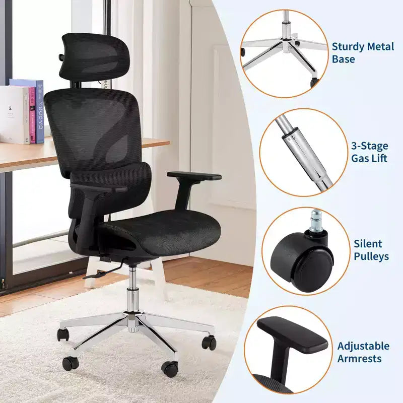 Silla de oficina ergonómica de malla negra/gris con respaldo alto para 1 — Apoyabrazos 4D, reposacabezas, soporte lumbar