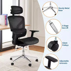 Silla de oficina ergonómica de malla negra/gris con respaldo alto para 1 — Apoyabrazos 4D, reposacabezas, soporte lumbar