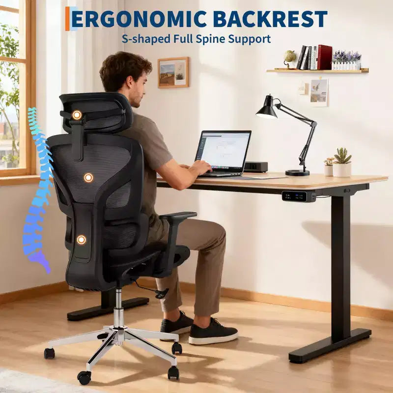 Silla de oficina ergonómica de malla negra/gris con respaldo alto para 1 — Apoyabrazos 4D, reposacabezas, soporte lumbar