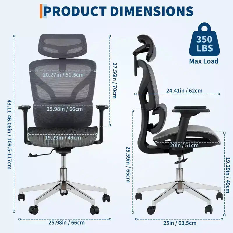 Silla de oficina ergonómica de malla negra/gris con respaldo alto para 1 — Apoyabrazos 4D, reposacabezas, soporte lumbar