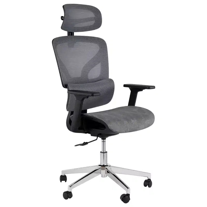 Silla de oficina ergonómica de malla negra/gris con respaldo alto para 1 — Apoyabrazos 4D, reposacabezas, soporte lumbar