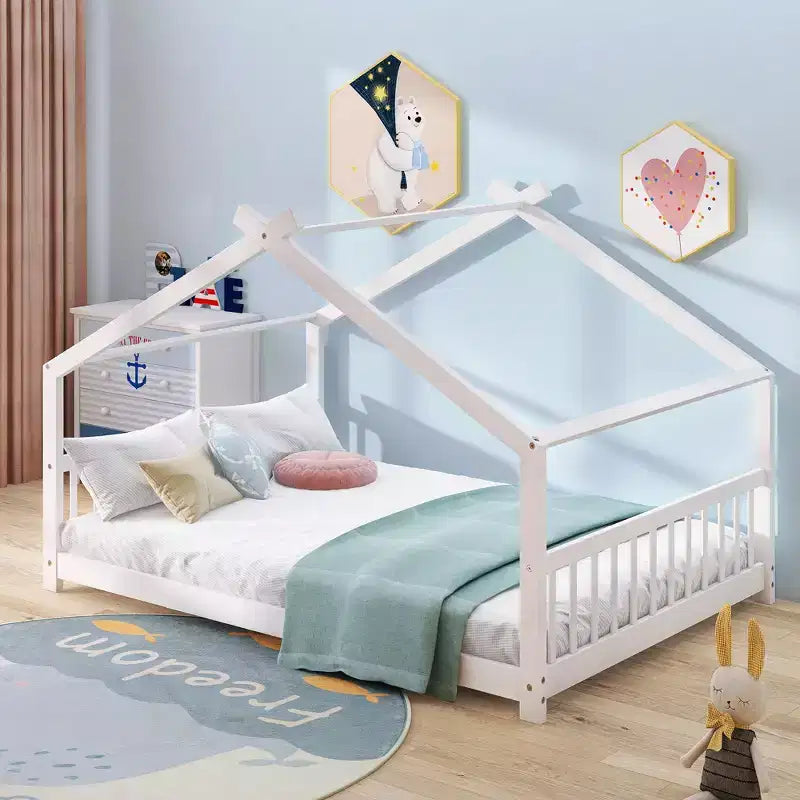 Bellemave Full Size Wood House Bed for Kids with Roof, Pinewood Frame, Semi-Enclosed Playhouse Bed Frame with Slats, No Box Spring Needed, White