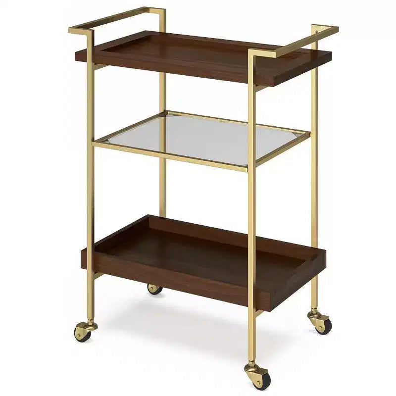Moyer Bar Cart Cognac - WyndenHall: Gold Finish, 3-Tier Storage, Tempered Glass Shelf, Mobile