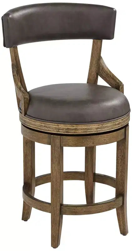 55 Downing Street Wood Swivel Bar Stool Smoke 24 High Rustic Vintage Gray Faux Leather Cushion Backrest Footrest for Kitchen Counter Island Home Shed
