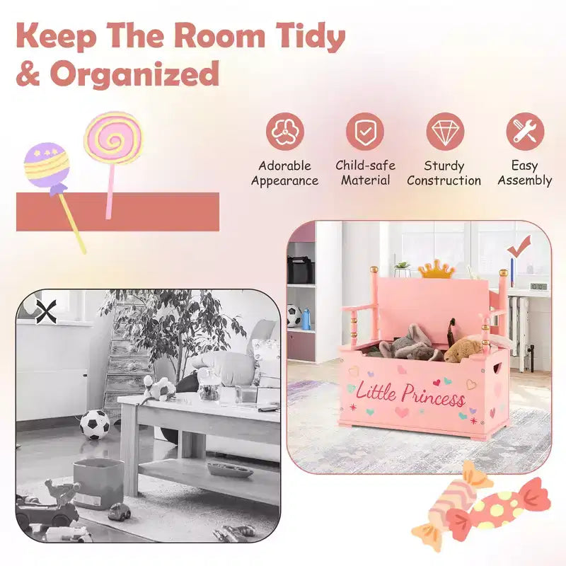 Banco de almacenamiento infantil Pink Crown – Asiento individual