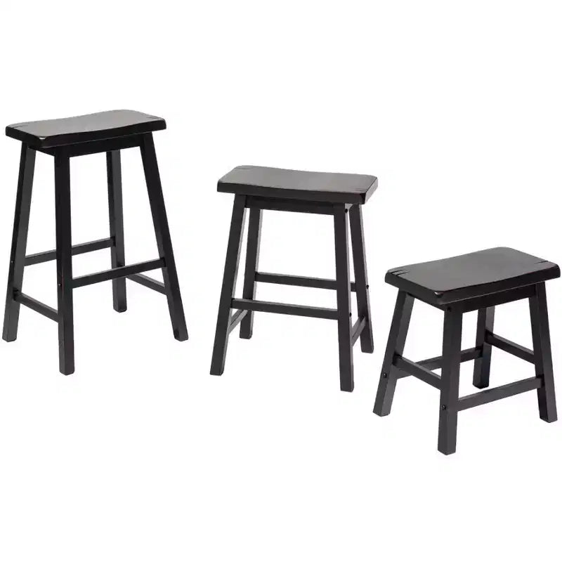 Taburetes rústicos de madera con asiento de montura, juego de 2 — Roble / Negro / Marrón