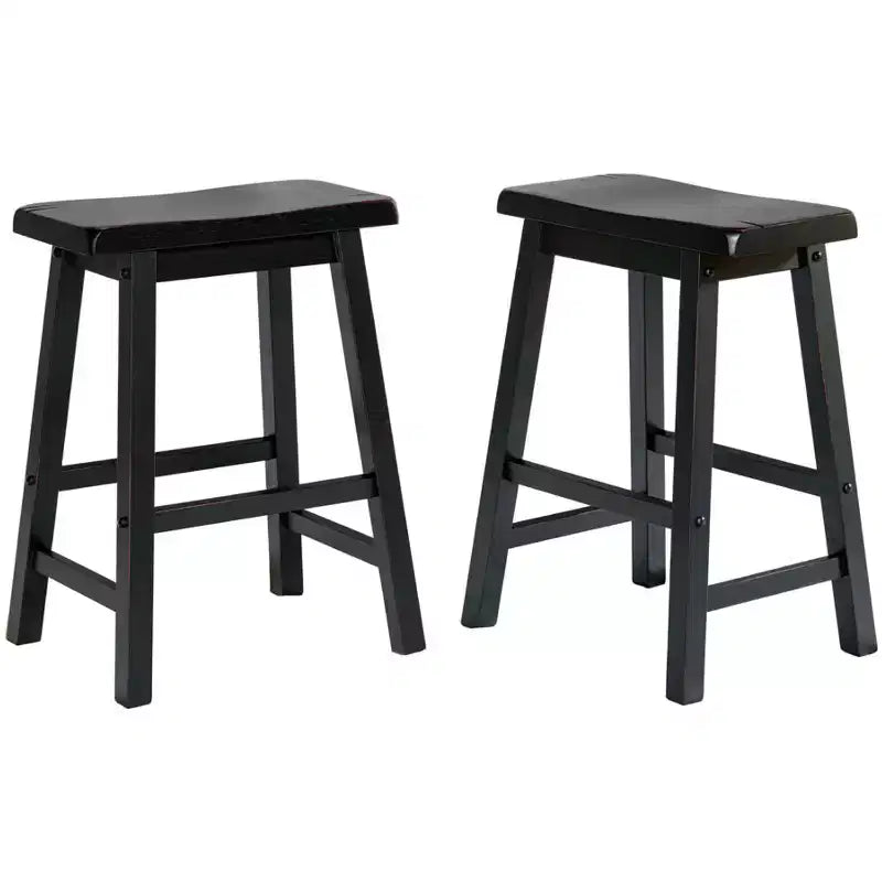 Taburetes rústicos de madera con asiento de montura, juego de 2 — Roble / Negro / Marrón