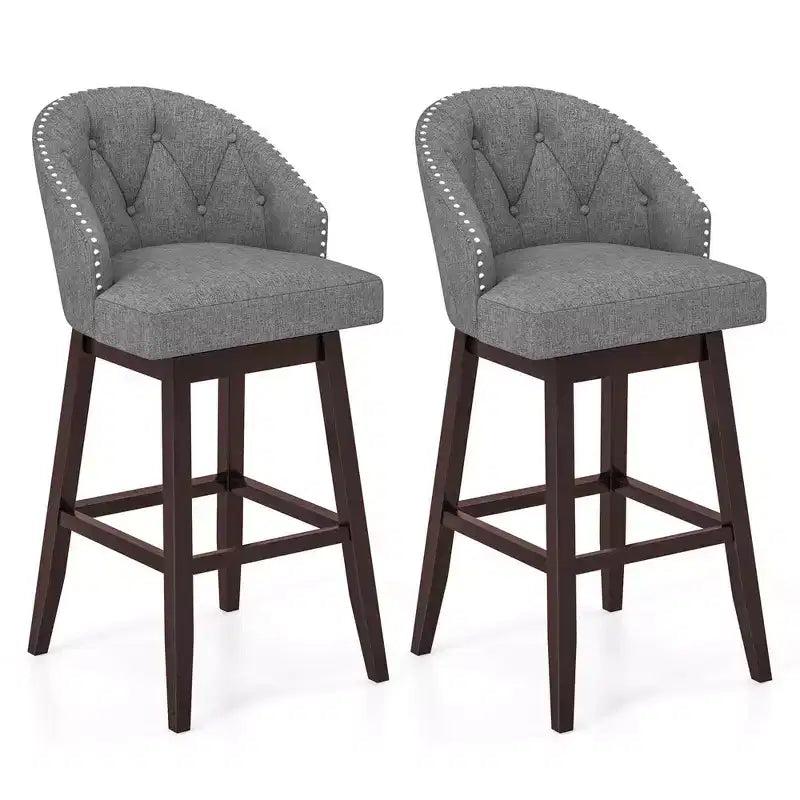 Costway Set of 2 Swivel Bar Stools Tufted Bar Height Pub Chairs with Rubber Wood Legs Grey/Beige