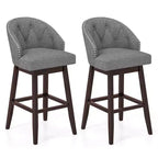Costway Set of 2 Swivel Bar Stools Tufted Bar Height Pub Chairs with Rubber Wood Legs Grey/Beige