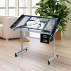 Mesa de dibujo ajustable de cristal plateado/azul, monousuario, con cajones de almacenamiento