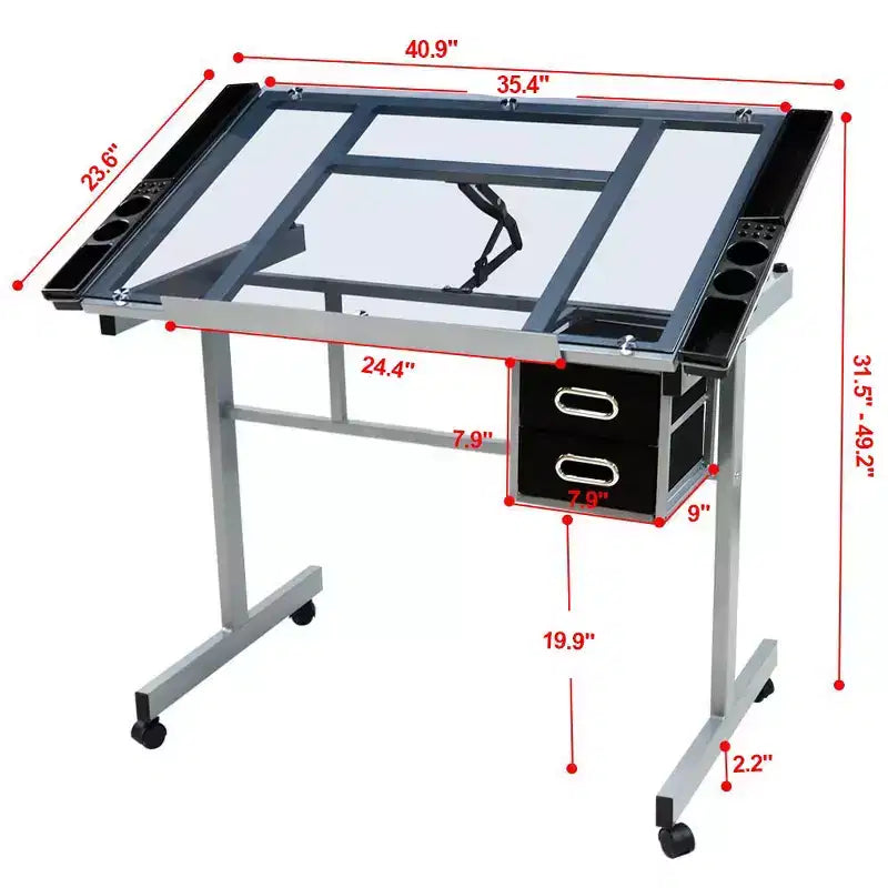 Mesa de dibujo ajustable de cristal plateado/azul, monousuario, con cajones de almacenamiento