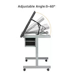 Mesa de dibujo ajustable de cristal plateado/azul, monousuario, con cajones de almacenamiento