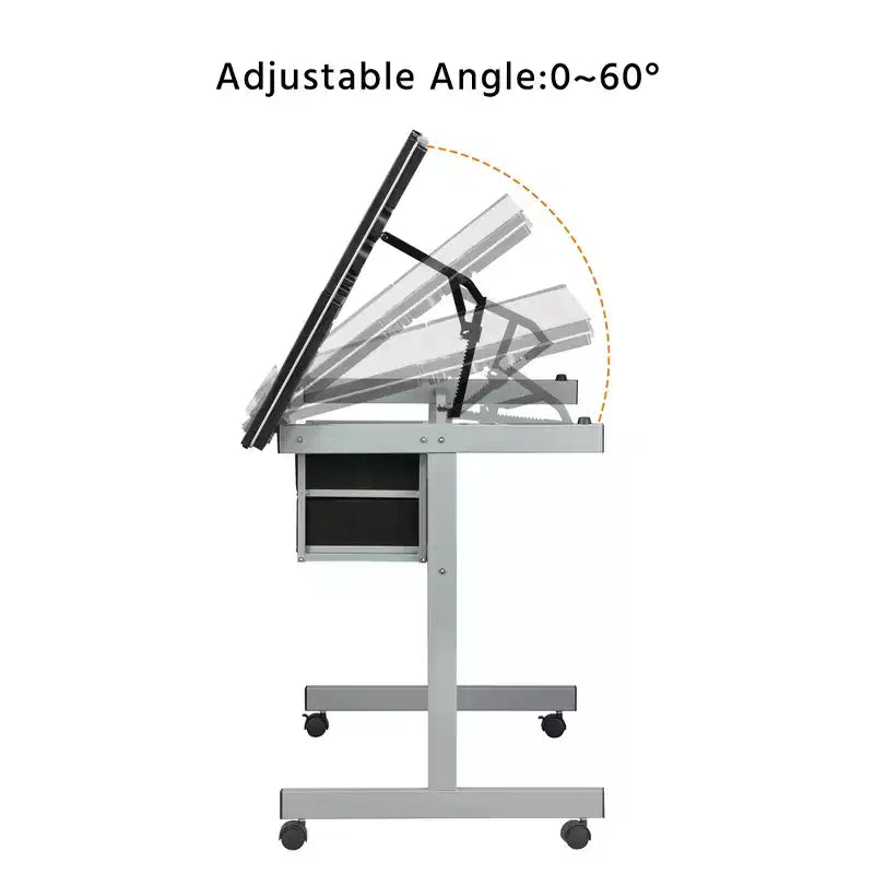 Mesa de dibujo ajustable de cristal plateado/azul, monousuario, con cajones de almacenamiento