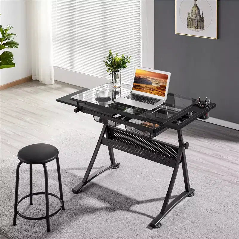 Juego de mesa de dibujo de vidrio ajustable y taburete, negro, 1 persona