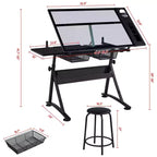 Juego de mesa de dibujo de vidrio ajustable y taburete, negro, 1 persona