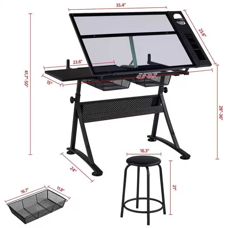 Juego de mesa de dibujo de vidrio ajustable y taburete, negro, 1 persona